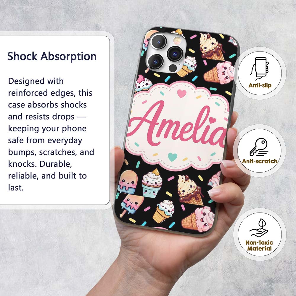 Cute Ice Cream Cones Popsicles and Sweet Treats Custom Name Protective Phone Case Mobile Cover Durable Everyday Smartphone Shock Resistant