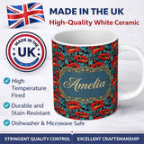 Personalized Custom Name Vintage Red Poppy Floral on Dark Background Seamless Pattern Lovely 11oz Ceramic Coffee Tea Mug White Large Handle