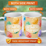 Personalized Custom Name Pastel Easter Egg Pattern with Floral Designs on Soft Golden Lovely 11oz Ceramic Coffee Tea Mug White Large Handle