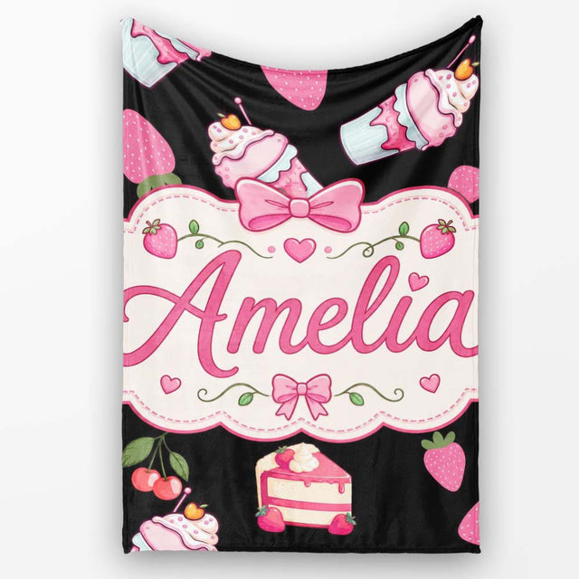 Cute Strawberry Cupcakes and Dessert Drinks Kawaii Style Seamless  Personalised Custom Name Super Soft Fleece Blanket Bed Sofa Throw