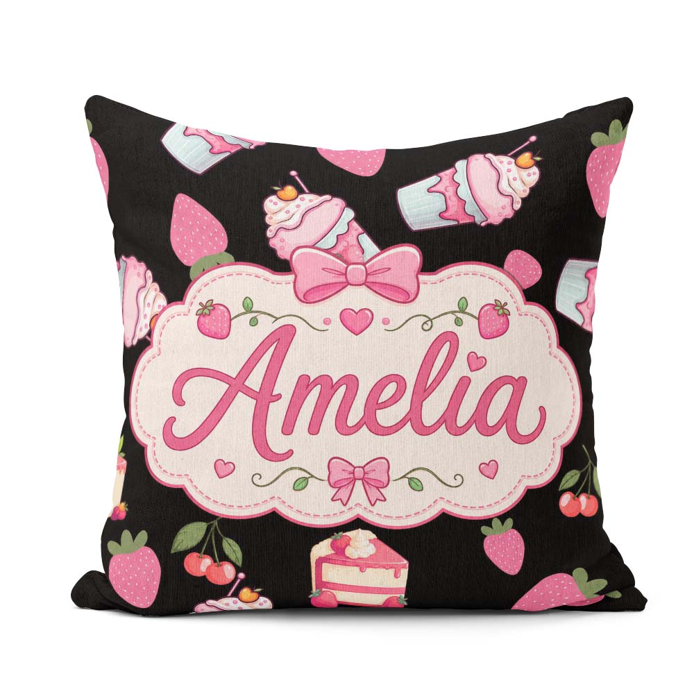 Custom Name Strawberry Cupcakes and Drinks Kawaii Style Seamless Square Filled Cushion Throw Pillow Sofa Bed Home Decor Zip Washable UK Made