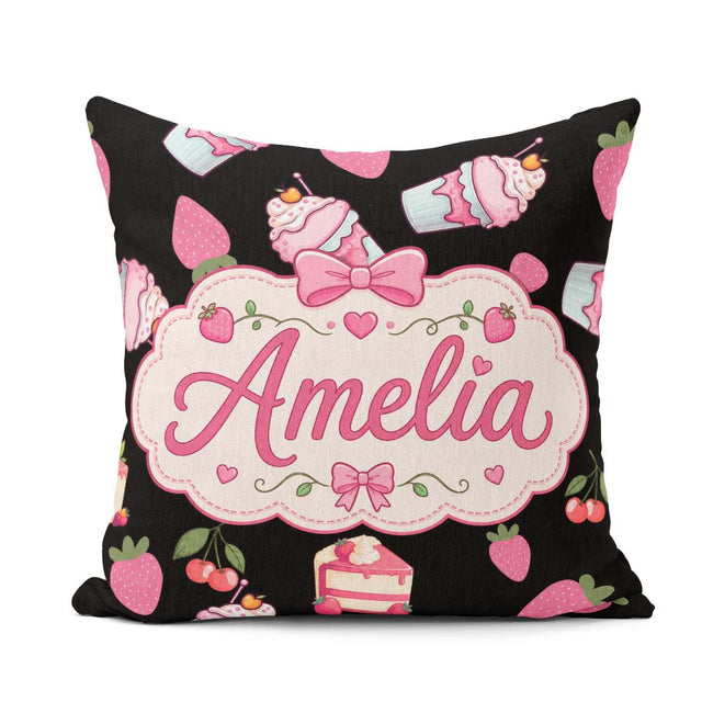 Custom Name Strawberry Cupcakes and Drinks Kawaii Style Seamless Square Filled Cushion Throw Pillow Sofa Bed Home Decor Zip Washable UK Made