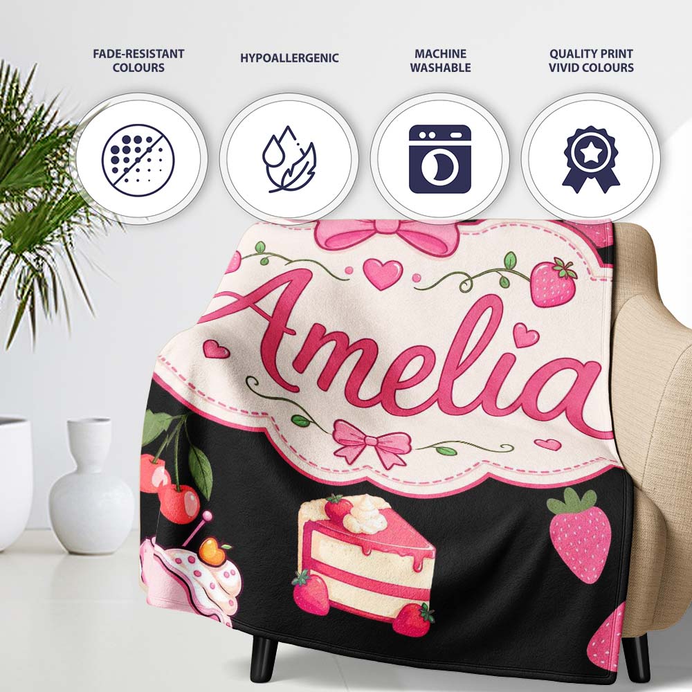 Cute Strawberry Cupcakes and Dessert Drinks Kawaii Style Seamless  Personalised Custom Name Super Soft Fleece Blanket Bed Sofa Throw