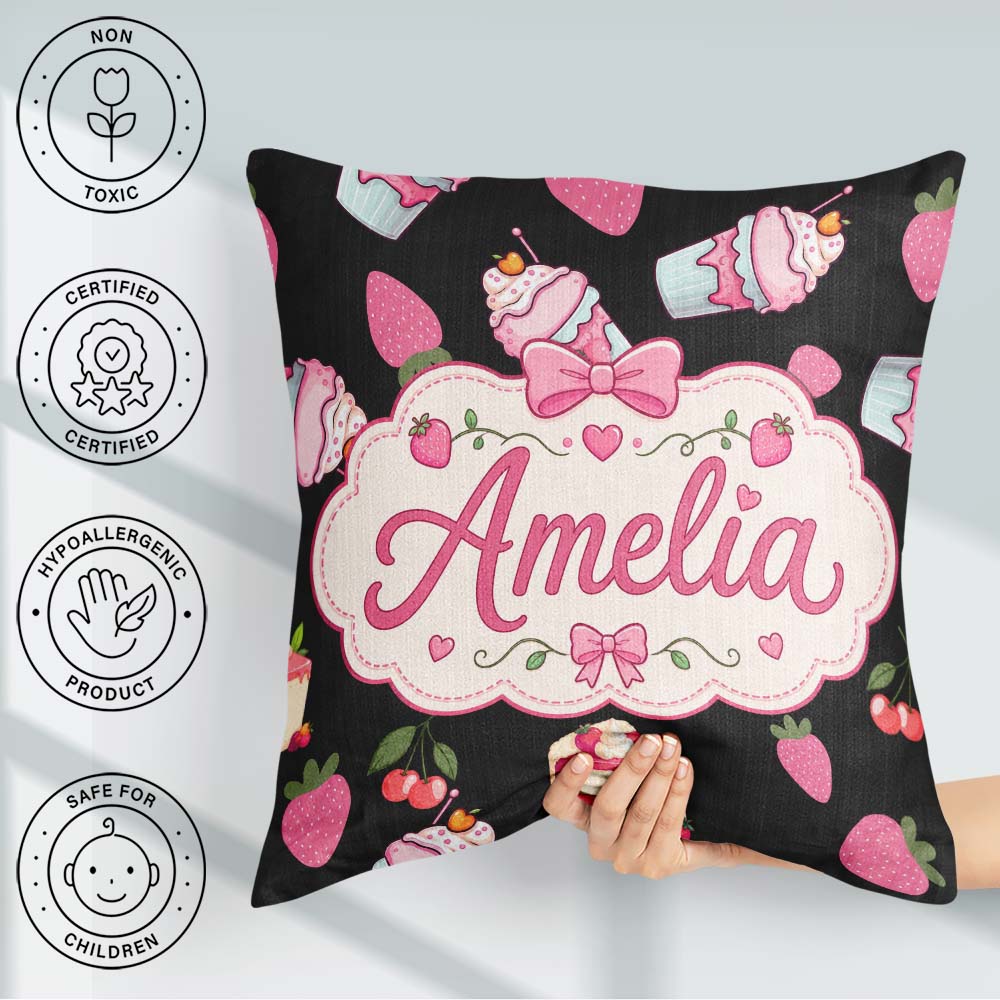 Custom Name Strawberry Cupcakes and Drinks Kawaii Style Seamless Square Filled Cushion Throw Pillow Sofa Bed Home Decor Zip Washable UK Made