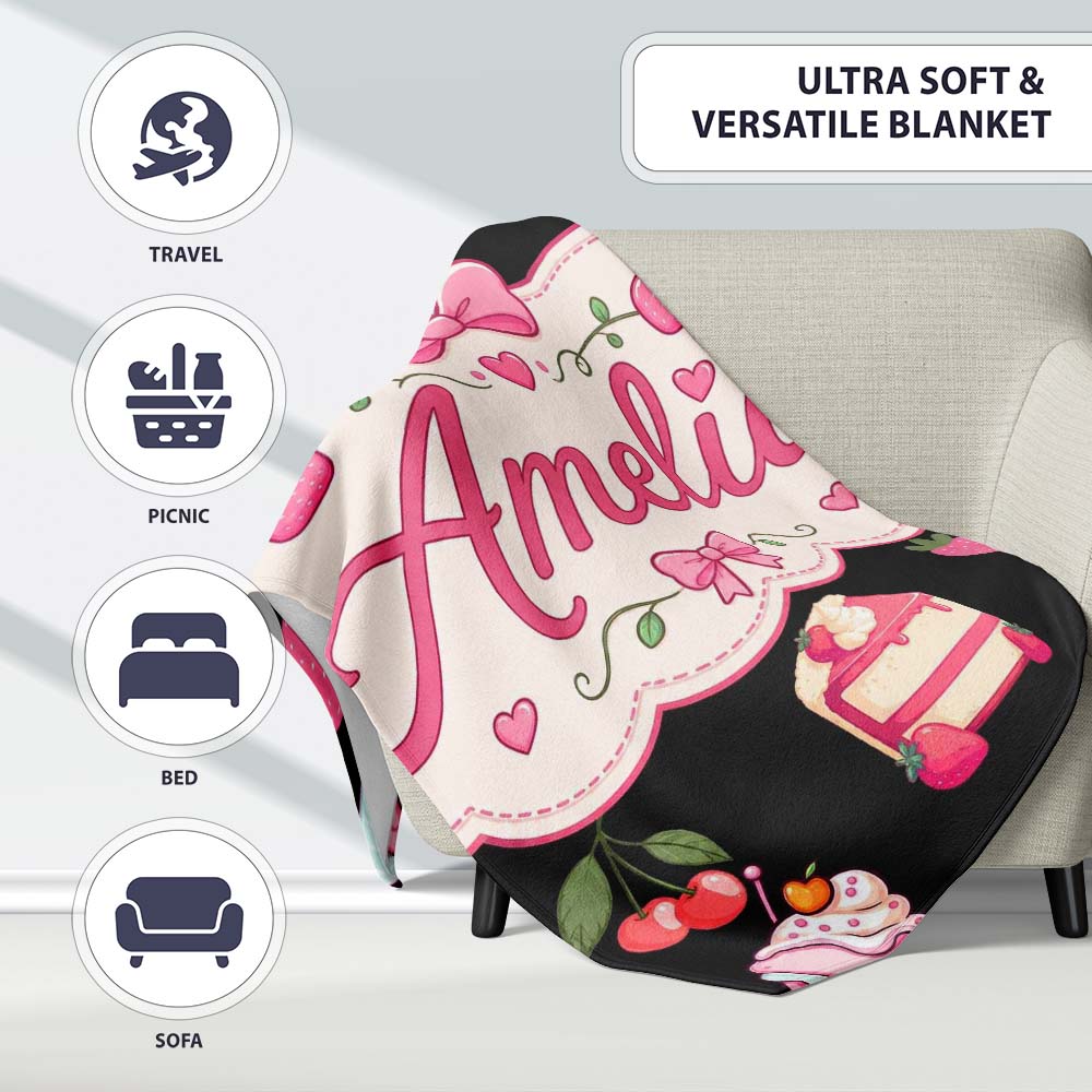 Cute Strawberry Cupcakes and Dessert Drinks Kawaii Style Seamless  Personalised Custom Name Super Soft Fleece Blanket Bed Sofa Throw