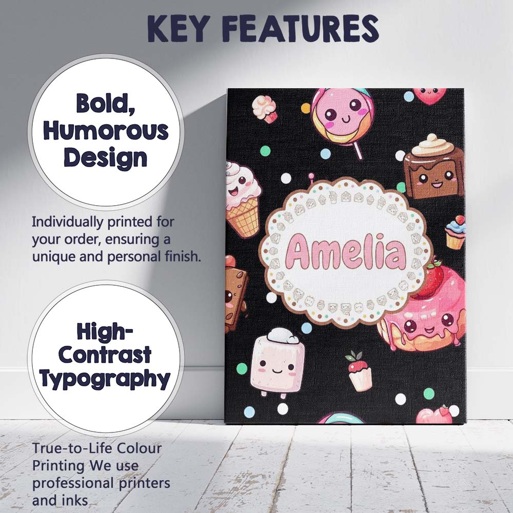 Personalised Name Cute Kawaii Desserts Custom  Modern Room Accent Elegant Feature Canvas Wall Art Print Decor Picture Ready to Hang