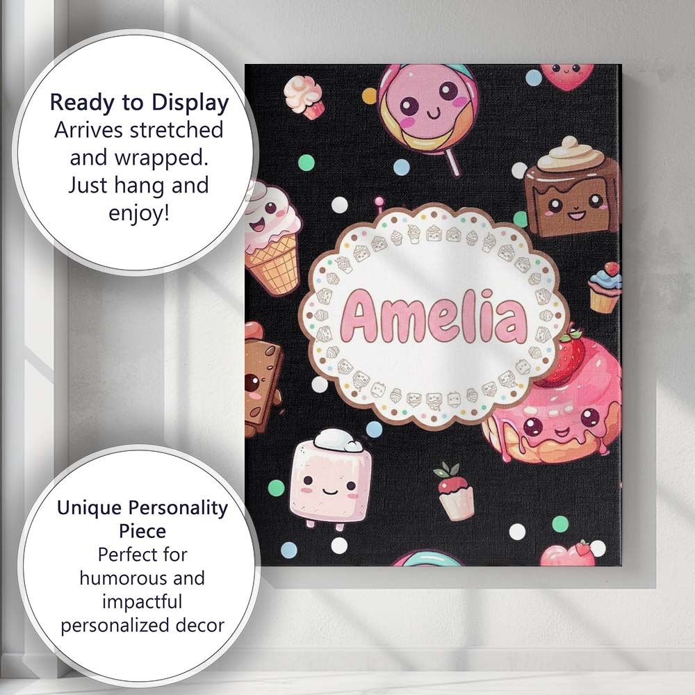 Personalised Name Cute Kawaii Desserts Custom  Modern Room Accent Elegant Feature Canvas Wall Art Print Decor Picture Ready to Hang