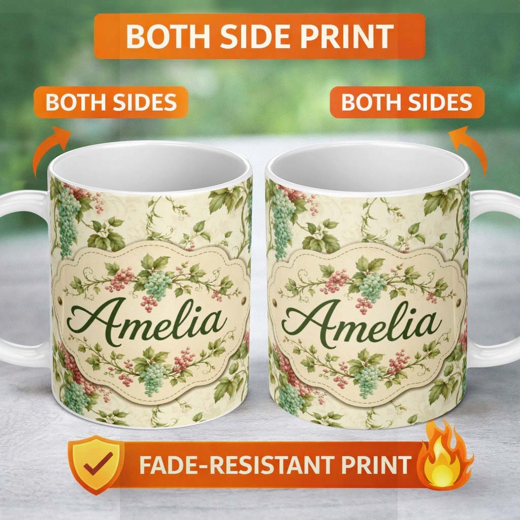 Personalized Custom Name Pastel Pink and Mint Grape Clusters Botanical Seamless Pattern 11oz Ceramic Coffee Tea Mug White Large Handle