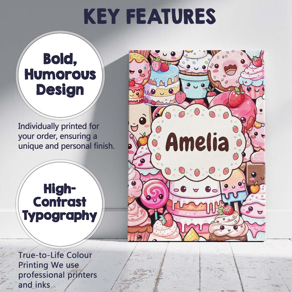 Personalised Name Cute Cartoon Cakes Donuts Custom  Bespoke Interior Contemporary Canvas Wall Art Print Decor Picture Ready to Hang