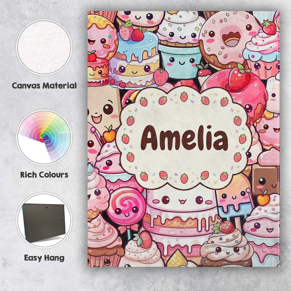 Personalised Name Cute Cartoon Cakes Donuts Custom  Bespoke Interior Contemporary Canvas Wall Art Print Decor Picture Ready to Hang