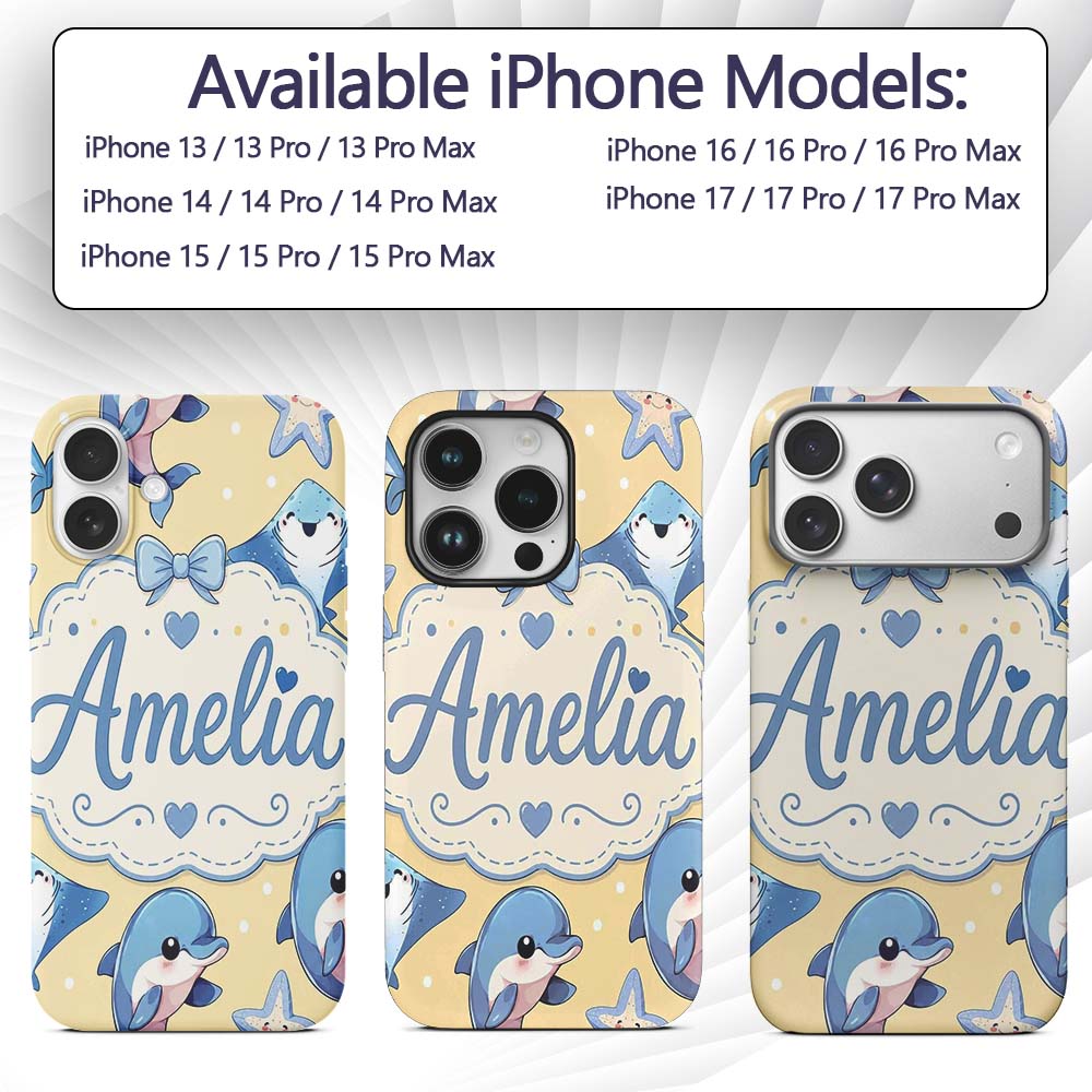 Cute Dolphins Stingrays and Decorative Design Custom Name Protective Phone Case Mobile Cover Durable Everyday Smartphone Shock Resistant