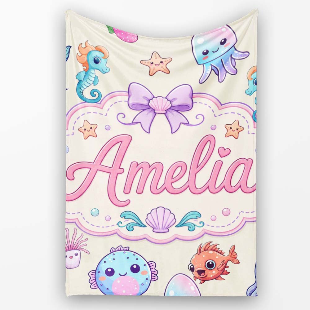 Cute Kawaii Mermaid Seahorse Jellyfish and Starfish Ocean Seamless  Personalised Custom Name Super Soft Fleece Blanket Bed Sofa Throw