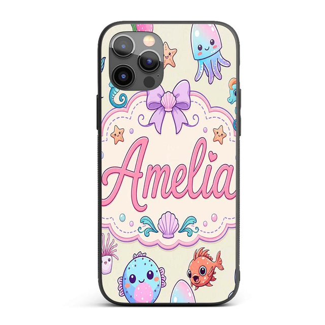 Cute Kawaii Mermaid Seahorse Decorative Design Custom Name Protective Phone Case Mobile Cover Durable Everyday Smartphone Shock Resistant