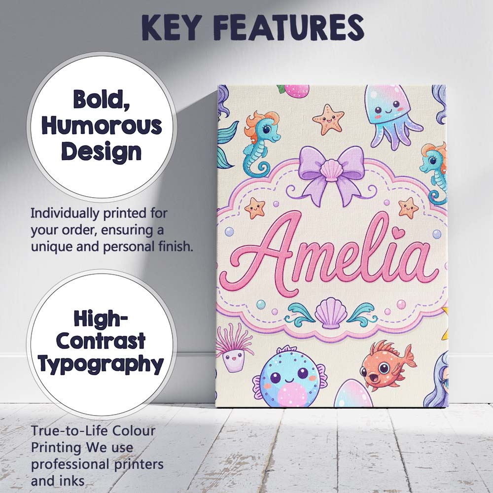 Personalised Name Cute Kawaii Mermaid Custom Modern Room Accent Creative Decorator Style Canvas Wall Art Print Decor Picture Ready to Hang
