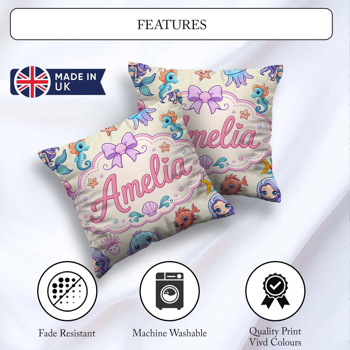Custom Name Kawaii Mermaid Seahorse Jellyfish and Starfish Ocean Square Filled Cushion Throw Pillow Sofa Bed Home Decor Zip Washable UK Made