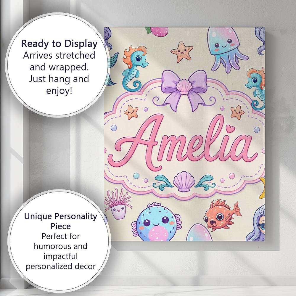 Personalised Name Cute Kawaii Mermaid Custom Modern Room Accent Creative Decorator Style Canvas Wall Art Print Decor Picture Ready to Hang