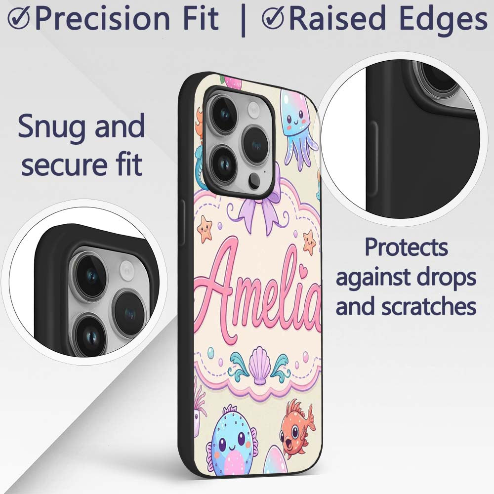 Cute Kawaii Mermaid Seahorse Decorative Design Custom Name Protective Phone Case Mobile Cover Durable Everyday Smartphone Shock Resistant