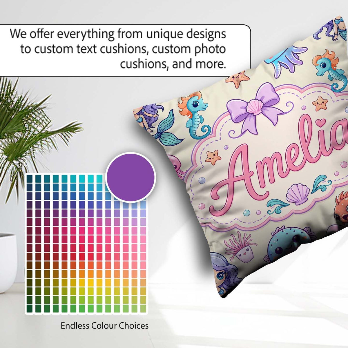 Custom Name Kawaii Mermaid Seahorse Jellyfish and Starfish Ocean Square Filled Cushion Throw Pillow Sofa Bed Home Decor Zip Washable UK Made