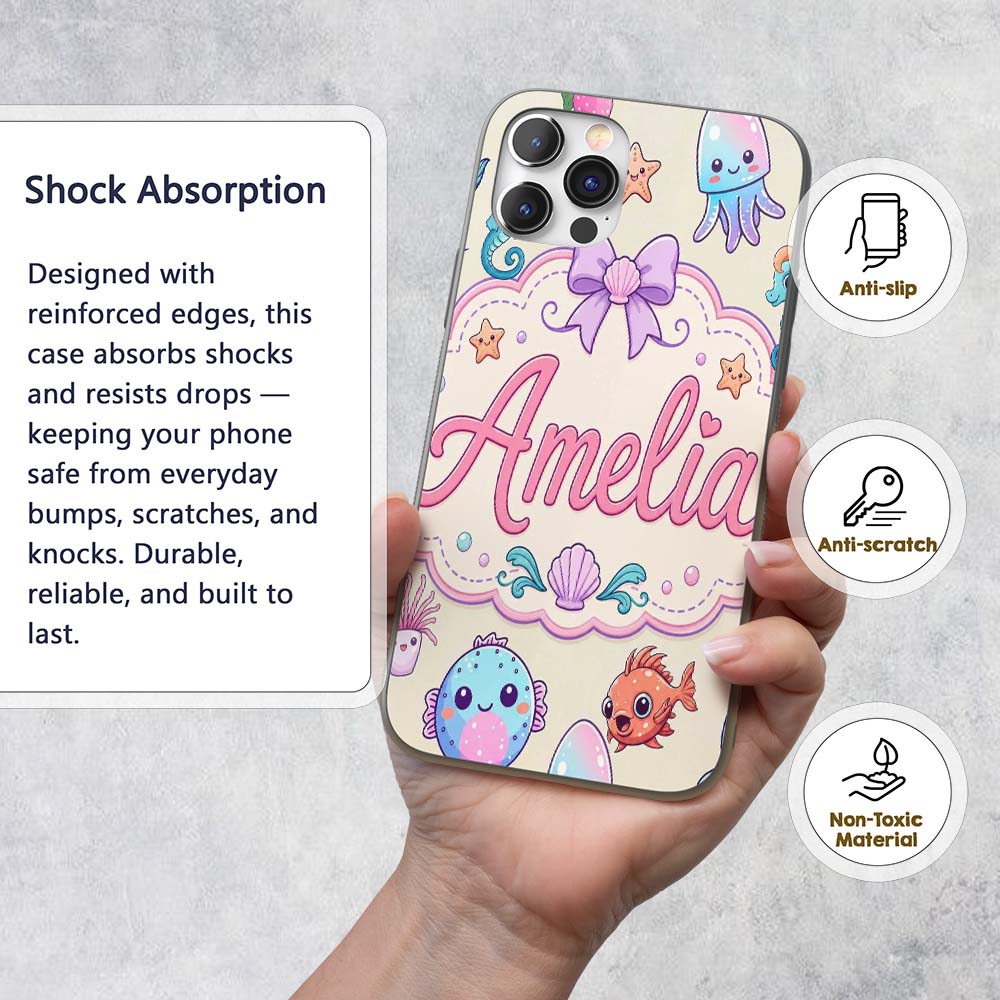 Cute Kawaii Mermaid Seahorse Decorative Design Custom Name Protective Phone Case Mobile Cover Durable Everyday Smartphone Shock Resistant