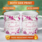 Personalized Custom Name Vibrant Pink Bougainvillea Floral Vine Elegant Seamless Pattern 11oz Ceramic Coffee Tea Mug White Large Handle