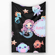 Cute Kawaii Mermaid Seahorse Jellyfish and Starfish on Black Lovely  Personalised Custom Name Super Soft Fleece Blanket Bed Sofa Throw