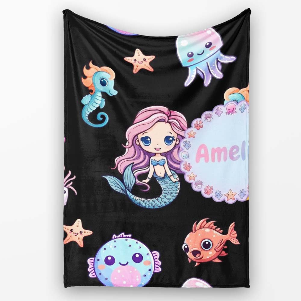 Cute Kawaii Mermaid Seahorse Jellyfish and Starfish on Black Lovely  Personalised Custom Name Super Soft Fleece Blanket Bed Sofa Throw