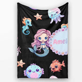 Cute Kawaii Mermaid Seahorse Jellyfish and Starfish on Black Lovely  Personalised Custom Name Super Soft Fleece Blanket Bed Sofa Throw