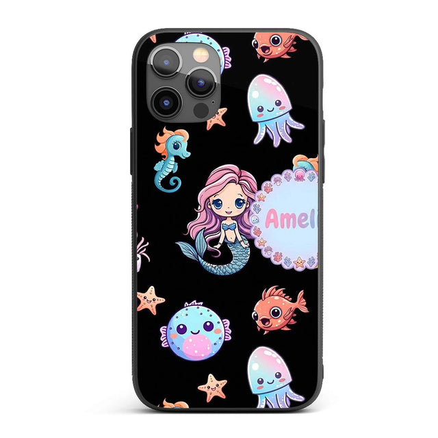 Cute Kawaii Mermaid Seahorse Decorative Design Custom Name Protective Phone Case Mobile Cover Durable Everyday Smartphone Shock Resistant