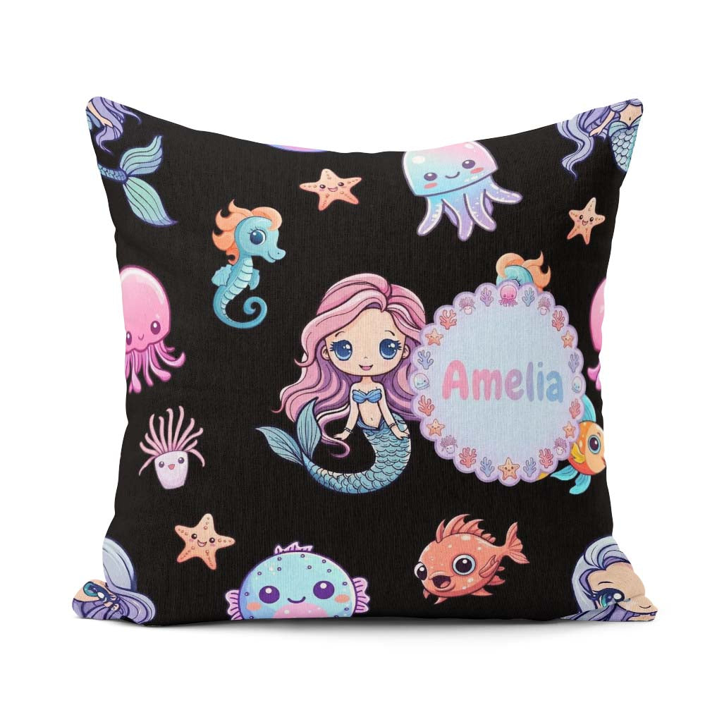 Custom Name Cute Kawaii Seahorse Jellyfish and Starfish on Black Square Filled Cushion Throw Pillow Sofa Bed Home Decor Zip Washable UK Made