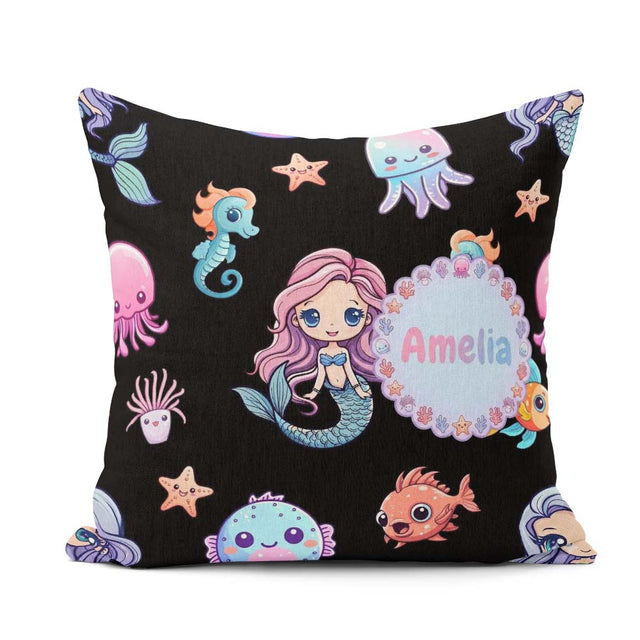 Custom Name Cute Kawaii Seahorse Jellyfish and Starfish on Black Square Filled Cushion Throw Pillow Sofa Bed Home Decor Zip Washable UK Made