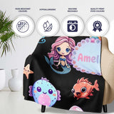 Cute Kawaii Mermaid Seahorse Jellyfish and Starfish on Black Lovely  Personalised Custom Name Super Soft Fleece Blanket Bed Sofa Throw