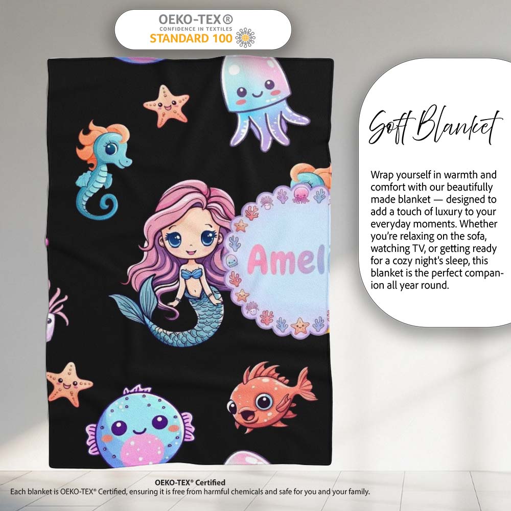 Cute Kawaii Mermaid Seahorse Jellyfish and Starfish on Black Lovely  Personalised Custom Name Super Soft Fleece Blanket Bed Sofa Throw