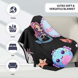 Cute Kawaii Mermaid Seahorse Jellyfish and Starfish on Black Lovely  Personalised Custom Name Super Soft Fleece Blanket Bed Sofa Throw