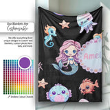 Cute Kawaii Mermaid Seahorse Jellyfish and Starfish on Black Lovely  Personalised Custom Name Super Soft Fleece Blanket Bed Sofa Throw