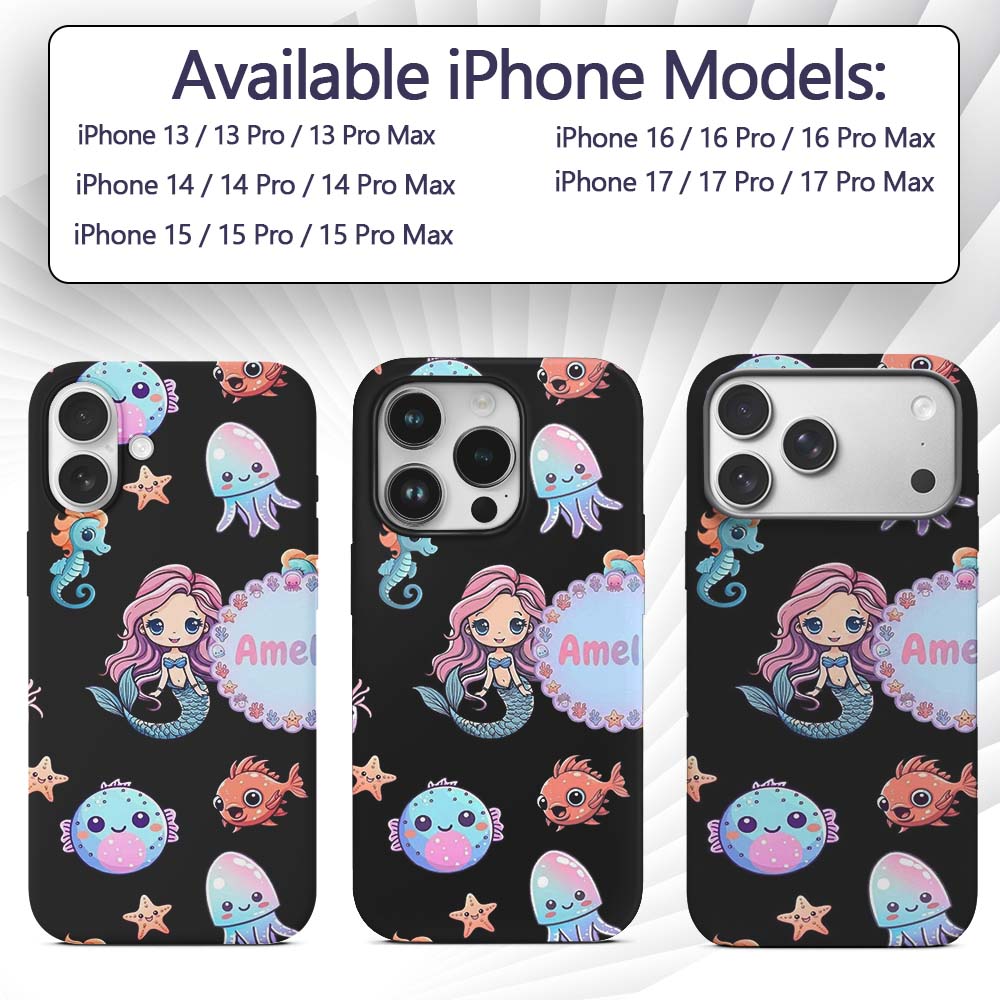 Cute Kawaii Mermaid Seahorse Decorative Design Custom Name Protective Phone Case Mobile Cover Durable Everyday Smartphone Shock Resistant
