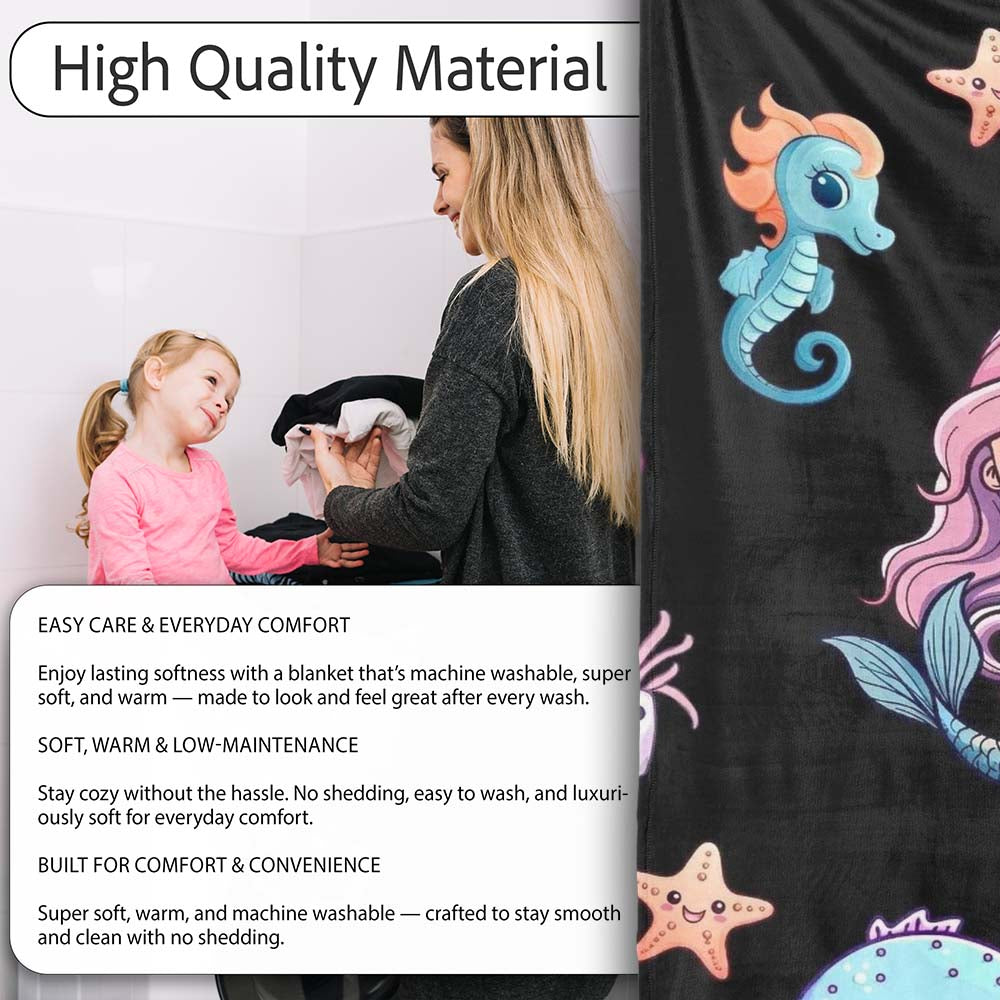 Cute Kawaii Mermaid Seahorse Jellyfish and Starfish on Black Lovely  Personalised Custom Name Super Soft Fleece Blanket Bed Sofa Throw