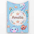 Cute Kawaii Mermaid Seahorse Jellyfish and Starfish Blue Background  Personalised Custom Name Super Soft Fleece Blanket Bed Sofa Throw