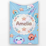 Cute Kawaii Mermaid Seahorse Jellyfish and Starfish Blue Background  Personalised Custom Name Super Soft Fleece Blanket Bed Sofa Throw