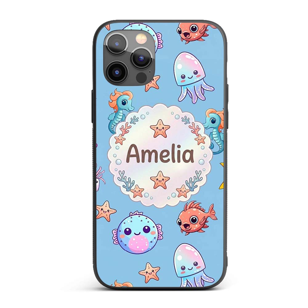Cute Kawaii Mermaid Seahorse Decorative Design Custom Name Protective Phone Case Mobile Cover Durable Everyday Smartphone Shock Resistant