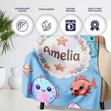 Cute Kawaii Mermaid Seahorse Jellyfish and Starfish Blue Background  Personalised Custom Name Super Soft Fleece Blanket Bed Sofa Throw