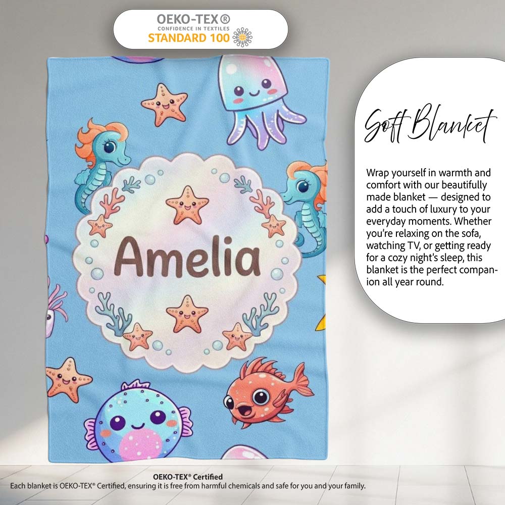 Cute Kawaii Mermaid Seahorse Jellyfish and Starfish Blue Background  Personalised Custom Name Super Soft Fleece Blanket Bed Sofa Throw