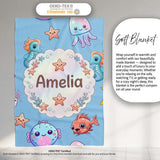 Cute Kawaii Mermaid Seahorse Jellyfish and Starfish Blue Background  Personalised Custom Name Super Soft Fleece Blanket Bed Sofa Throw