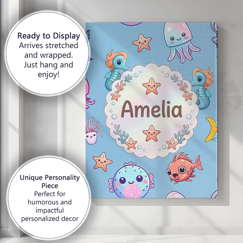 Personalised Name Cute Kawaii Mermaid Custom Modern Room Accent Creative Decorator Style Canvas Wall Art Print Decor Picture Ready to Hang