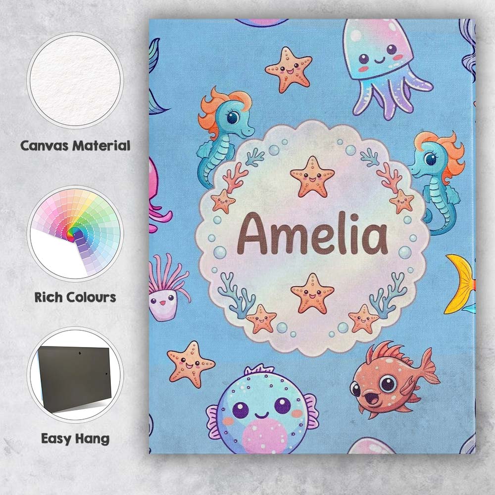 Personalised Name Cute Kawaii Mermaid Custom Modern Room Accent Creative Decorator Style Canvas Wall Art Print Decor Picture Ready to Hang