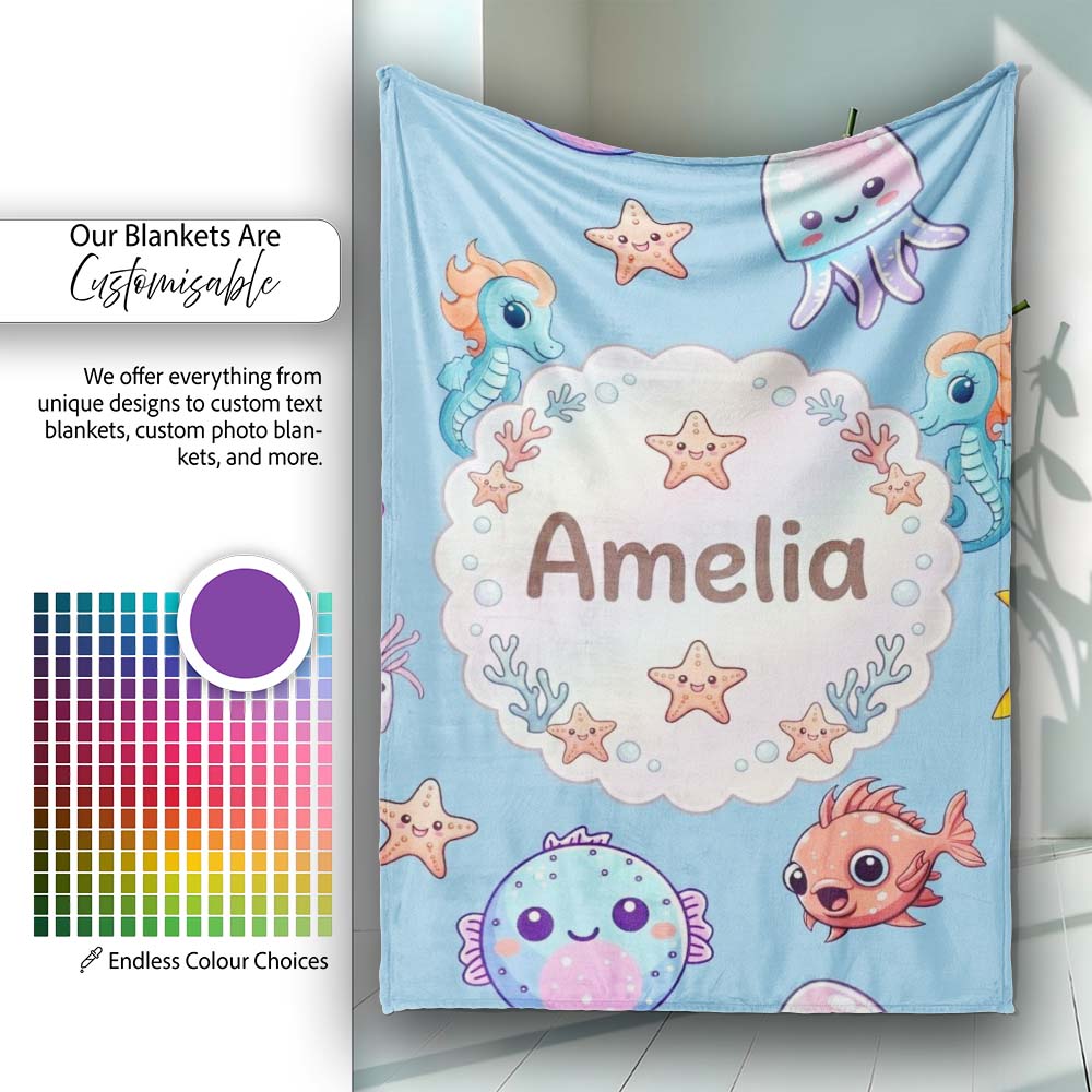 Cute Kawaii Mermaid Seahorse Jellyfish and Starfish Blue Background  Personalised Custom Name Super Soft Fleece Blanket Bed Sofa Throw