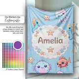 Cute Kawaii Mermaid Seahorse Jellyfish and Starfish Blue Background  Personalised Custom Name Super Soft Fleece Blanket Bed Sofa Throw