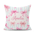 Custom Name Watercolor Pink Ribbon Bow Pattern with Soft Stripes Square Filled Cushion Throw Pillow Sofa Bed Home Decor Zip Washable UK Made