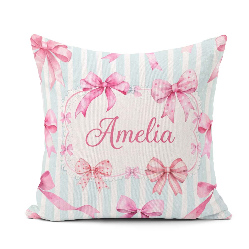 Custom Name Watercolor Pink Ribbon Bow Pattern with Soft Stripes Square Filled Cushion Throw Pillow Sofa Bed Home Decor Zip Washable UK Made