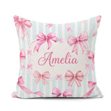 Custom Name Watercolor Pink Ribbon Bow Pattern with Soft Stripes Square Filled Cushion Throw Pillow Sofa Bed Home Decor Zip Washable UK Made