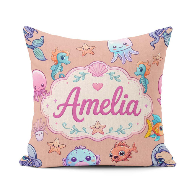 Custom Name Kawaii Mermaid Seahorse Jellyfish and Starfish Peach Square Filled Cushion Throw Pillow Sofa Bed Home Decor Zip Washable UK Made